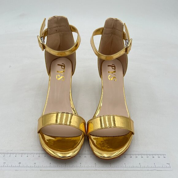 FYS Gold Rhinestone Studded Round Toe Sandals Ankle Strap Block Low Heels Shoes - Picture 3 of 8